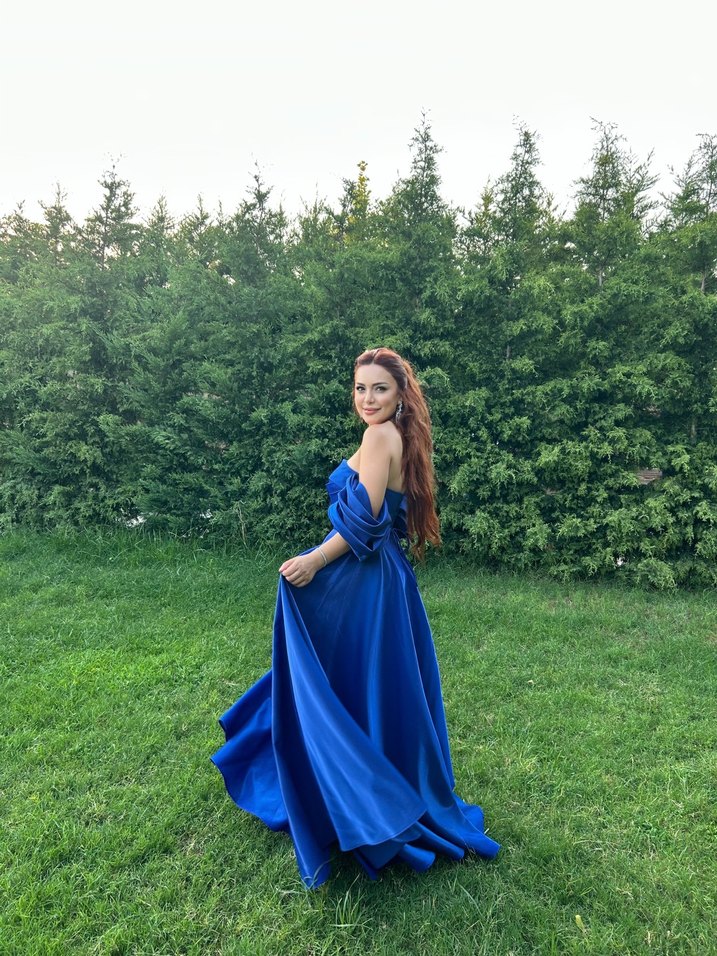 Drapeli Mavi Uzun Straplez Kadın Abiye - Görsel 5