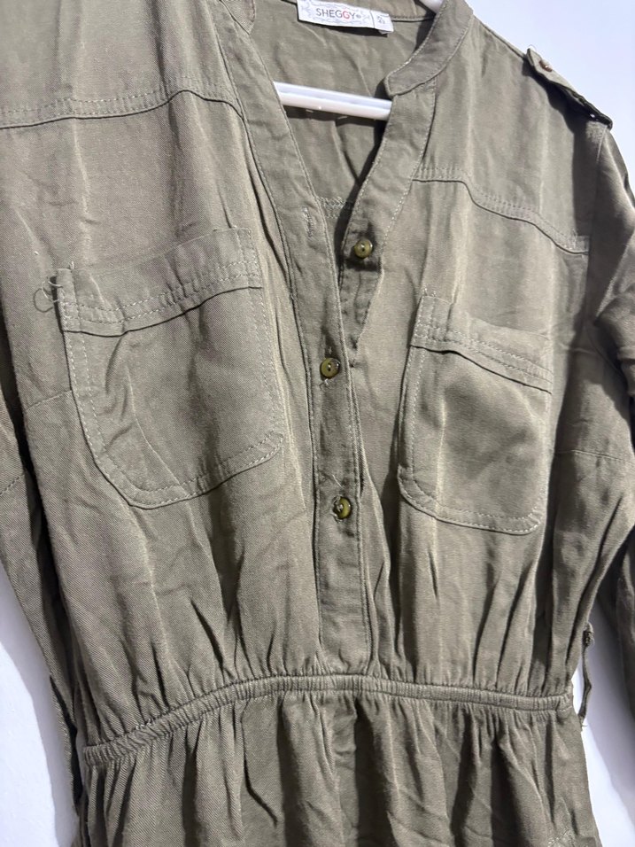 Haki Uzun Keten Gömlek Elbise - Görsel 3