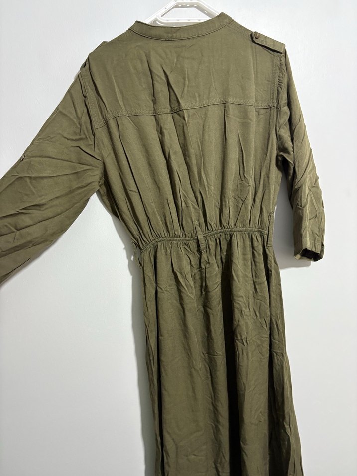 Haki Uzun Keten Gömlek Elbise - Görsel 4