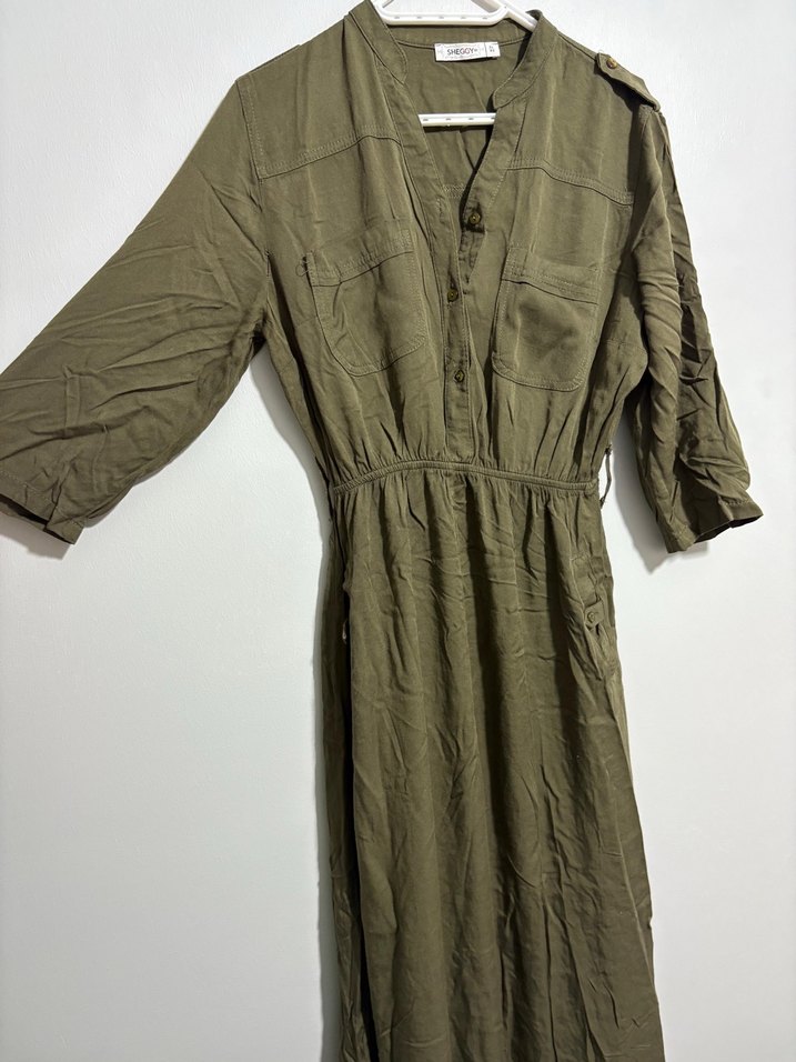 Haki Uzun Keten Gömlek Elbise - Görsel 2