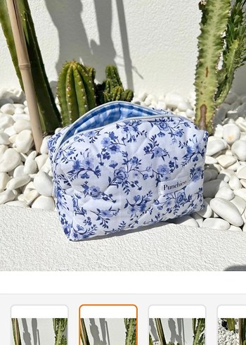 Mavi Çiçekli Pamuklu Makyaj Çantası - Görsel 2