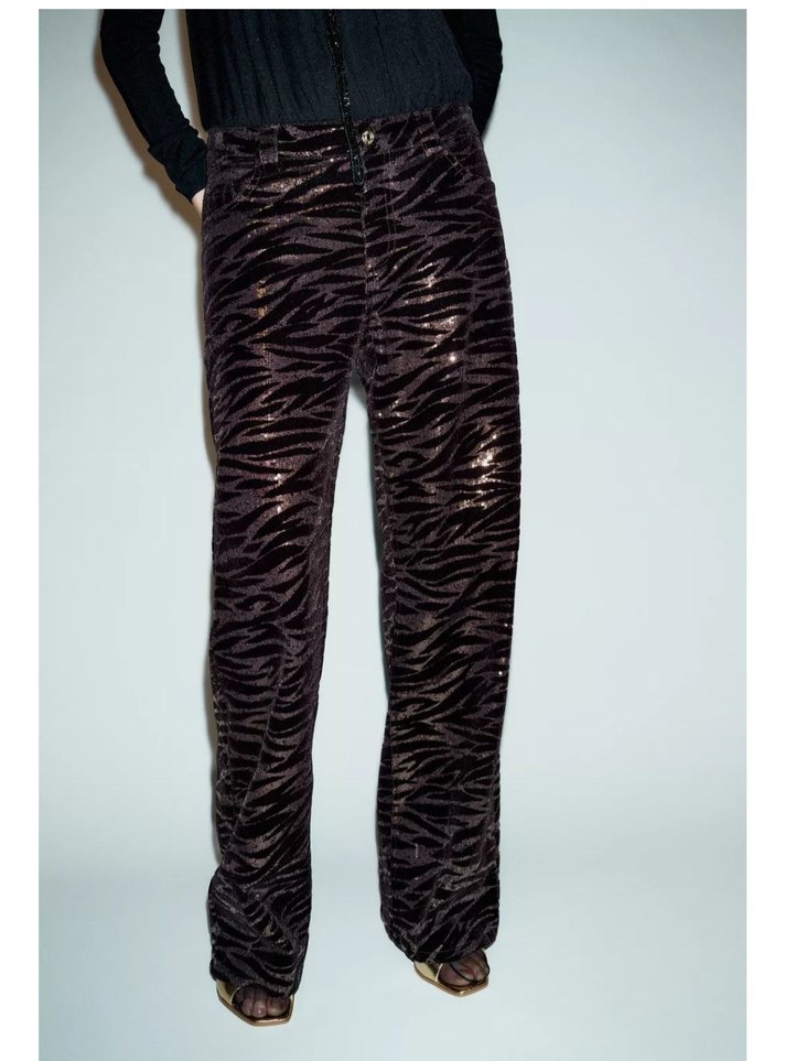 Kahverengi Zebra Desenli pulpayet Kadın Pantolon - Görsel 2