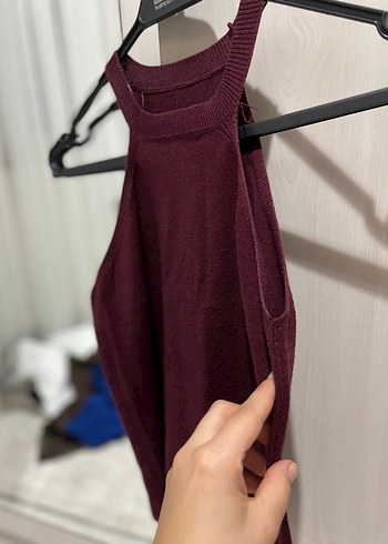 Bordo Yünlü Yüksek Yakalı Kolsuz Triko Elbise