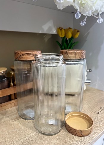 Şeffaf Cam Kavanoz Seti Ahşap Kapaklı 1500 ml