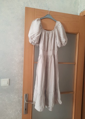 Bej Uzun Keten Bohem Elbise