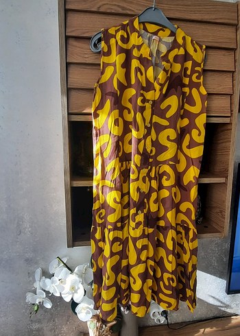 Diğer V Yaka Kolsuz Uzun Kahverengi Batik Elbise