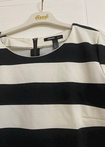 Kısa Kollu Siyah Beyaz Çizgili Kadın Tişört - Görsel 2