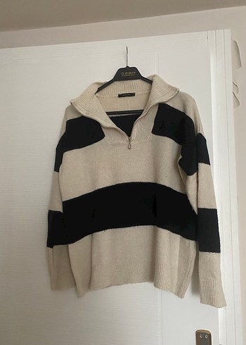 Kadın Bej Gri Çizgili  Triko - Görsel 2