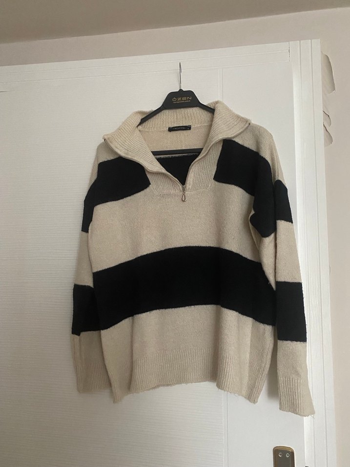 Kadın Bej Gri Çizgili  Triko - Görsel 2