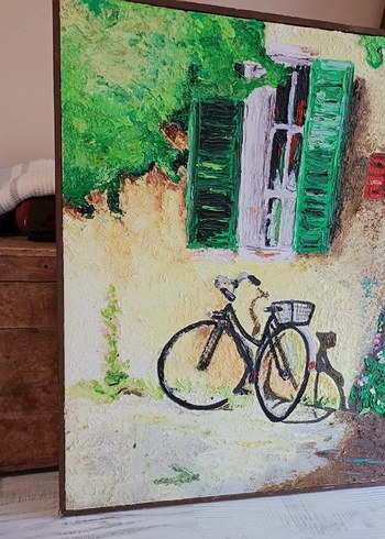 Yeşil Panjurlu Ev ve Bisiklet Yağlıboya Tablo - Görsel 5