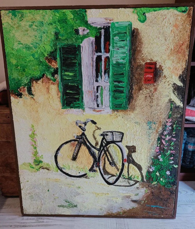 Yeşil Panjurlu Ev ve Bisiklet Yağlıboya Tablo - Görsel 2