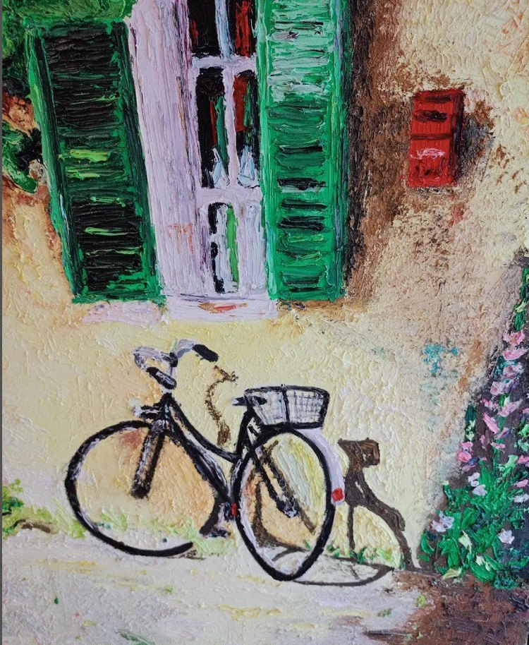 Yeşil Panjurlu Ev ve Bisiklet Yağlıboya Tablo - Görsel 3