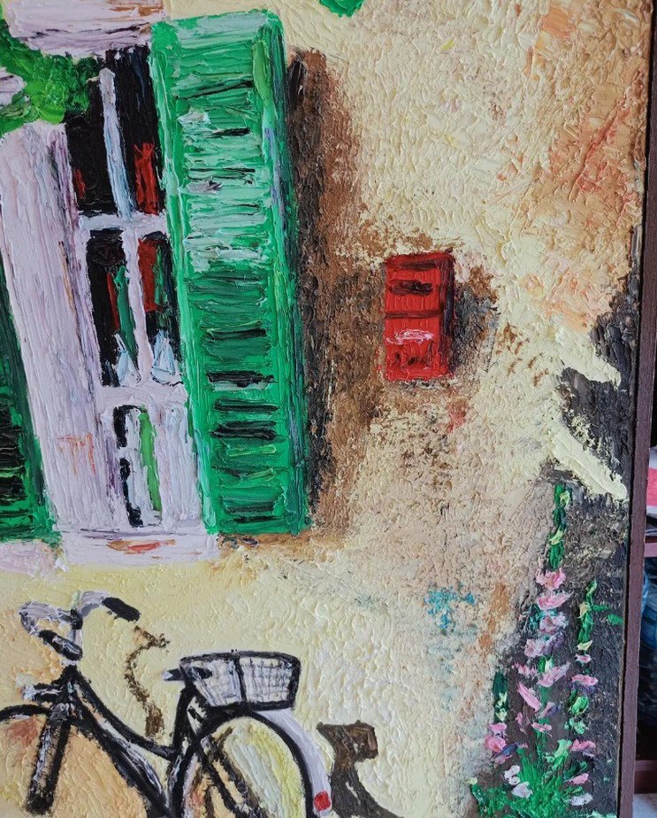 Yeşil Panjurlu Ev ve Bisiklet Yağlıboya Tablo - Görsel 4