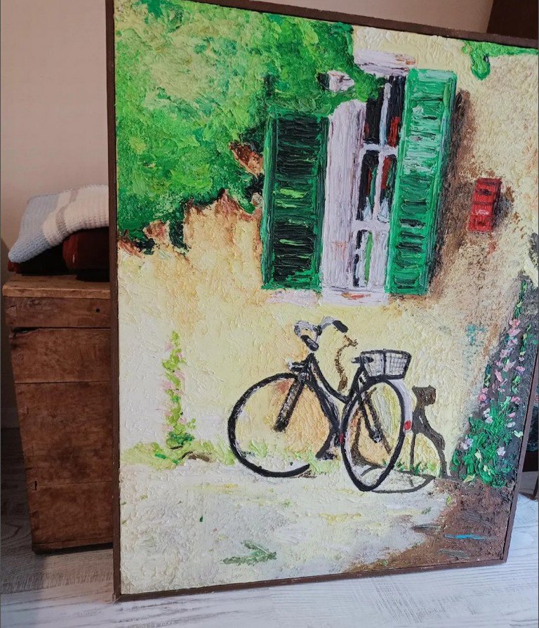 Yeşil Panjurlu Ev ve Bisiklet Yağlıboya Tablo - Görsel 5