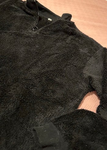 Siyah kadın V Yaka Peluş Sweatshirt