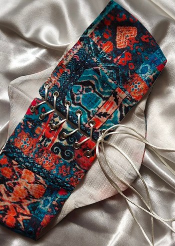 Turkuaz Türk Kilim Desenli Kadın Bel Korsesi - Görsel 6