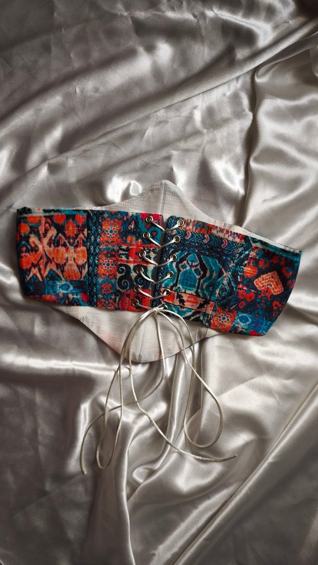 Turkuaz Türk Kilim Desenli Kadın Bel Korsesi - Görsel 5