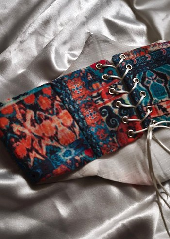 Turkuaz Türk Kilim Desenli Kadın Bel Korsesi - Görsel 8