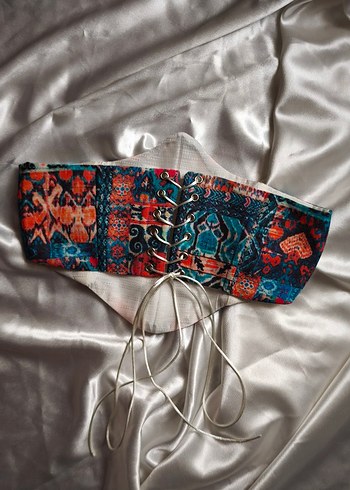 Turkuaz Türk Kilim Desenli Kadın Bel Korsesi - Görsel 7