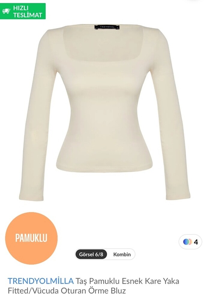 Trendyolmilla Taş pamuklu kare yaka esnek bluz vücuda oturan - Görsel 4