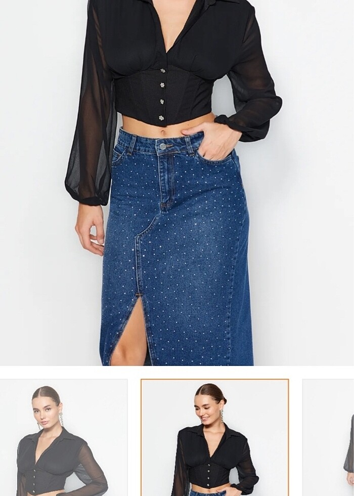 Trendyolmilla Siyah parlak taşlı gömlek bluz korseli kolları şif - Görsel 2