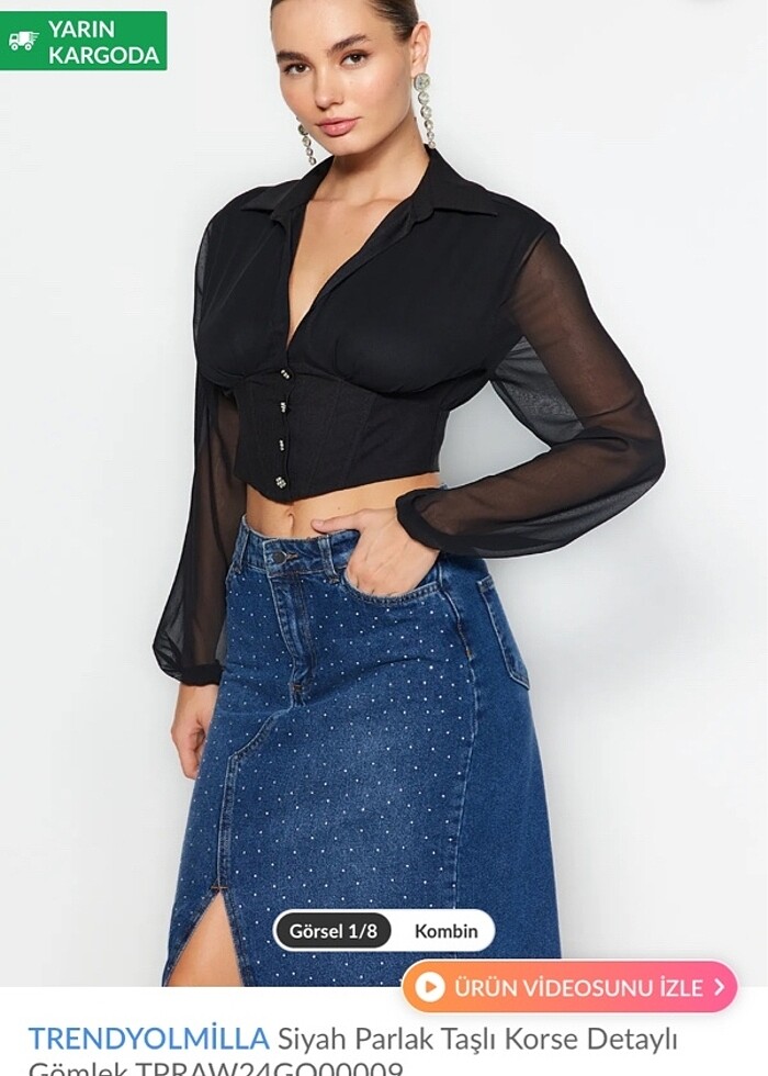 Trendyolmilla Siyah parlak taşlı gömlek bluz korseli kolları şif - Görsel 3