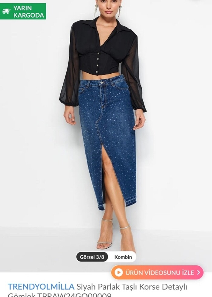 Trendyolmilla Siyah parlak taşlı gömlek bluz korseli kolları şif - Görsel 5