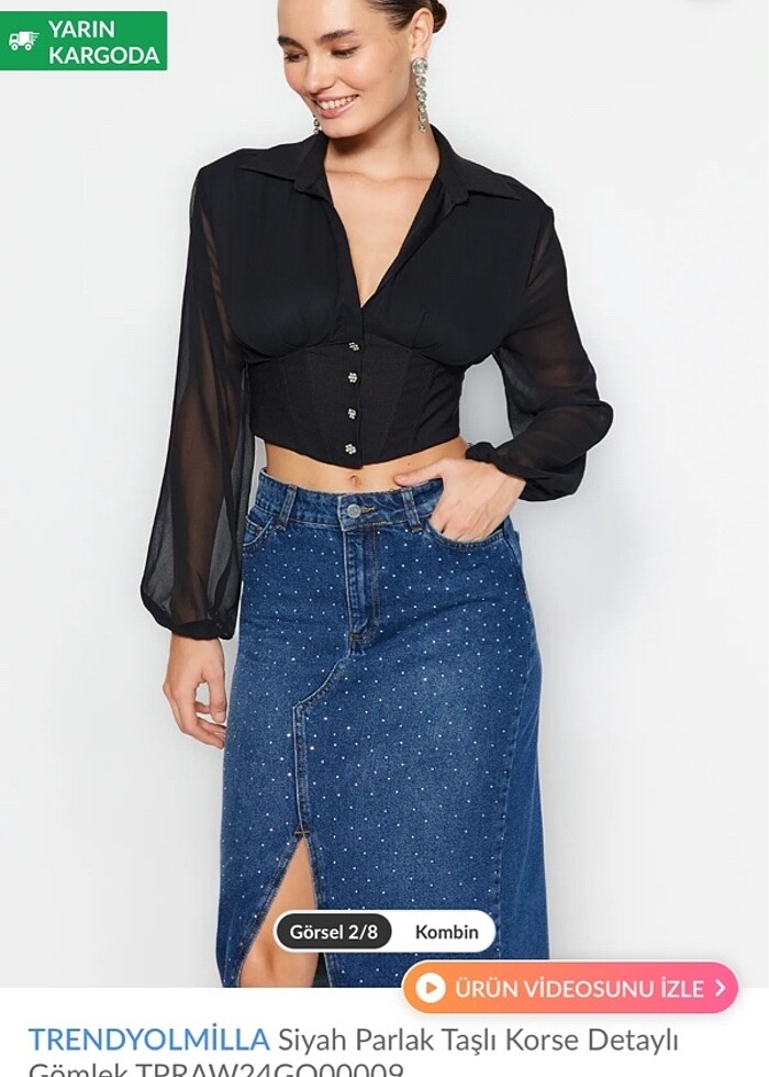 Trendyolmilla Siyah parlak taşlı gömlek bluz korseli kolları şif - Görsel 4