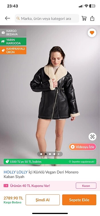 Holly Lolly içi kürklü vegan deri monero kaban siyah - Görsel 2