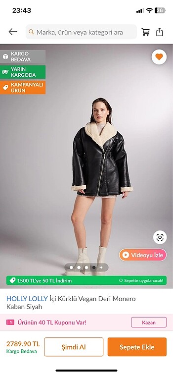 Holly Lolly içi kürklü vegan deri monero kaban siyah - Görsel 4