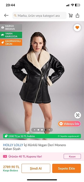 Holly Lolly içi kürklü vegan deri monero kaban siyah - Görsel 5