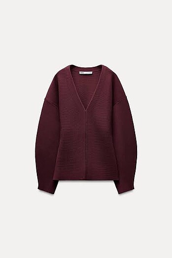 Zara BELİ DAR KESİM DÜZ ÖRGÜ CEKET bordo