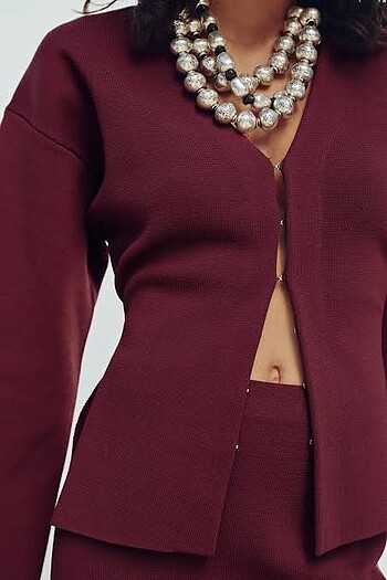 Zara Zara BELİ DAR KESİM DÜZ ÖRGÜ CEKET bordo
