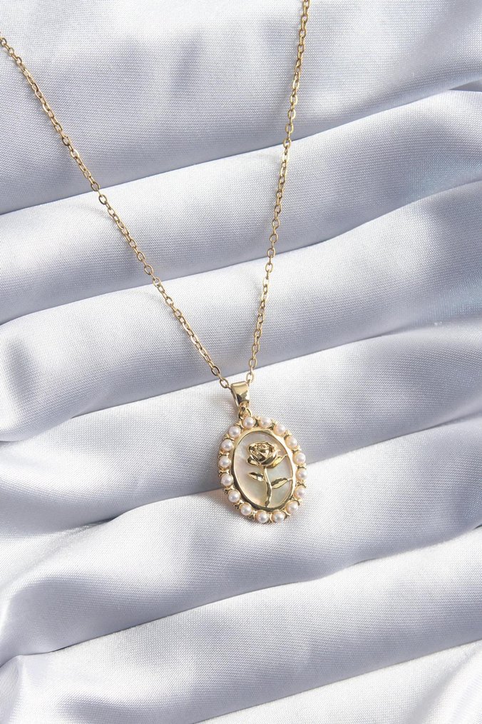 316L Çelik Gold Renk Gül Model İnci Detay Kadın Kolye - Görsel 2