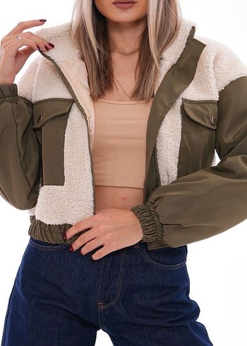 Haki Kürklü Kapitone Kısa Kadın Ceket - Görsel 3