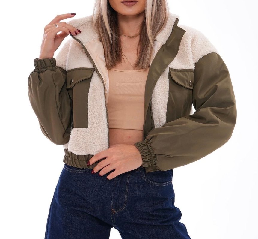 Haki Kürklü Kapitone Kısa Kadın Ceket - Görsel 3