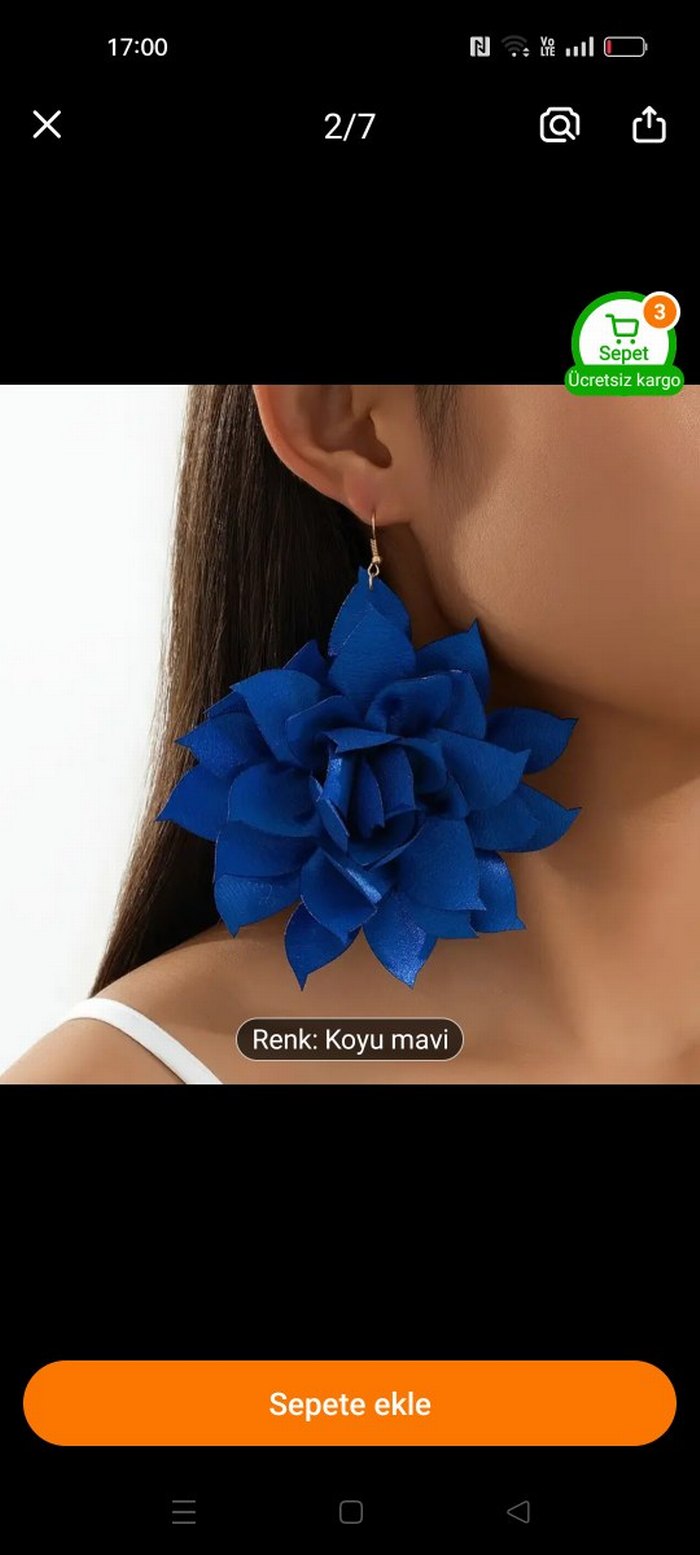 Koyu Mavi Fırfırlı Mini Çiçek Küpe hiç kullanilmadi - Görsel 5