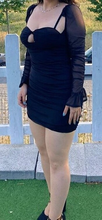Diğer Siyah Kolları Tül Askılı Mini Elbise