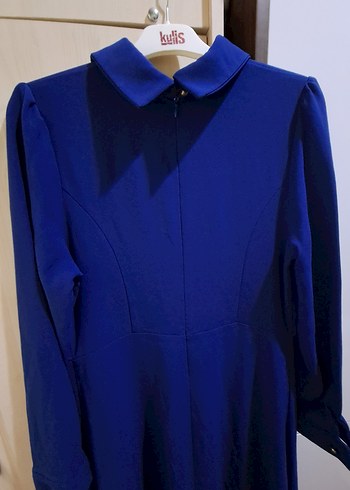 Mavi Uzun Kollu Keten Uzun Elbise - Görsel 3