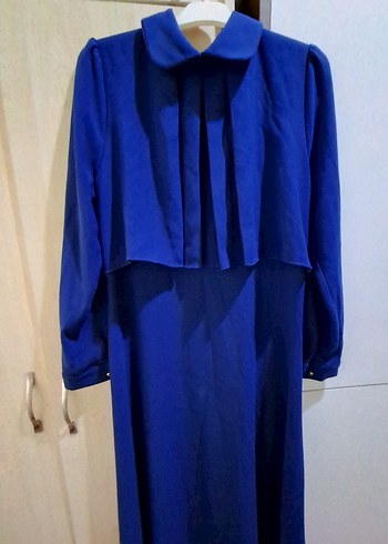 Mavi Uzun Kollu Keten Uzun Elbise - Görsel 2