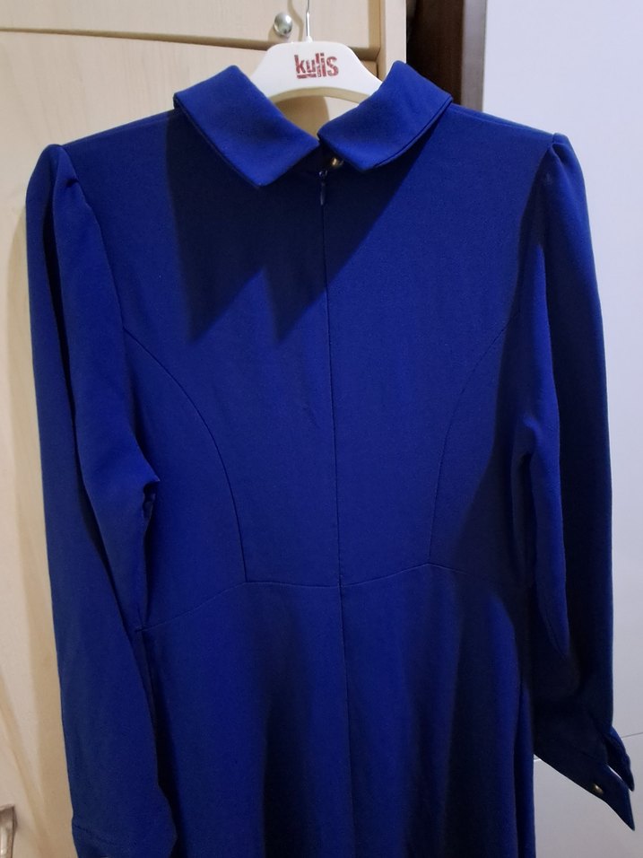 Mavi Uzun Kollu Keten Uzun Elbise - Görsel 3