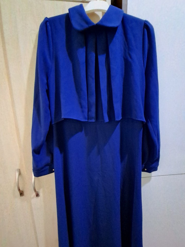 Mavi Uzun Kollu Keten Uzun Elbise - Görsel 2