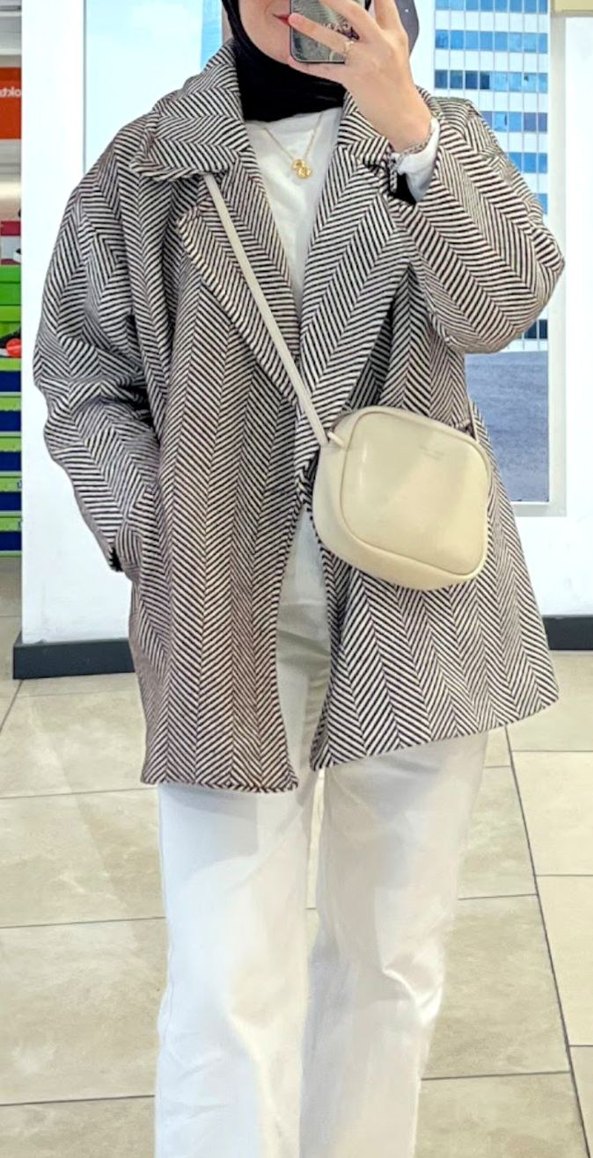 Gri Zebra Desenli Midi Kadın Kaban - Görsel 4