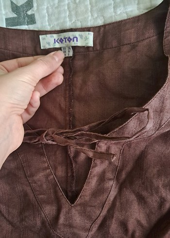 Kadın Kahverengi Uzun Kollu Keten Bluz - Görsel 2