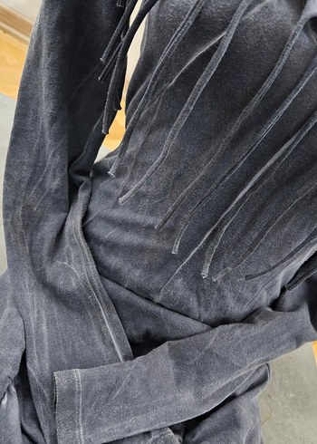 Gri Batik Desenli Uzun Kollu Mini Elbise - Görsel 3