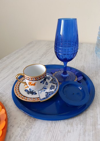 Turuncu ve Mavi Tepside Renkli Bardak ve Fincan Seti - Görsel 2