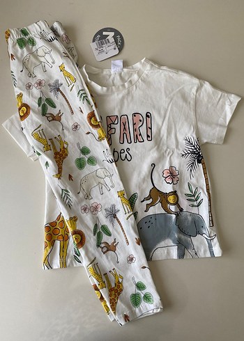 Beyaz Safari Baskılı Pamuklu Çocuk Pijama Takımı 5/6 yaş