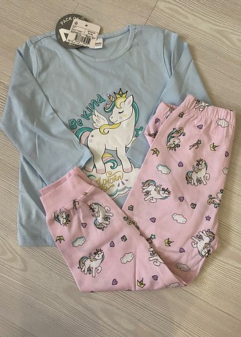 4 Yaş Beden Unicorn Baskılı Kız Pijaması, Uzun Kollu, Pamuk 3/4 yaş