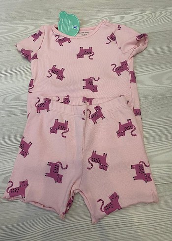 LC Waikiki Pembe Baskılı Örme Kız Bebek Kısa Kollu Takım 2/3 yaş