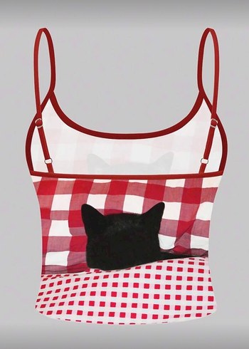 Kedi Desenli Kırmızı Gotik Askılı Üst - Görsel 2